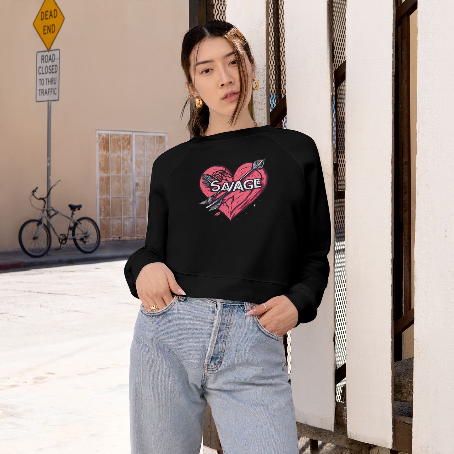 VA Savage Bow & Heart Women's Cropped Fleece Pullover